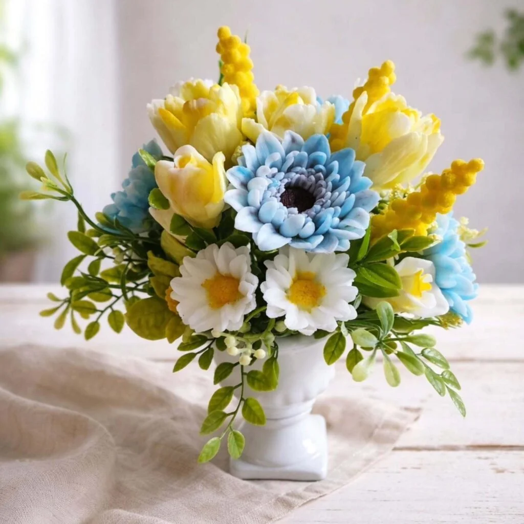 Bouquet artigianale con fiori di sapone profumati gialli, azzurri e bianchi, realizzato a mano e personalizzabile