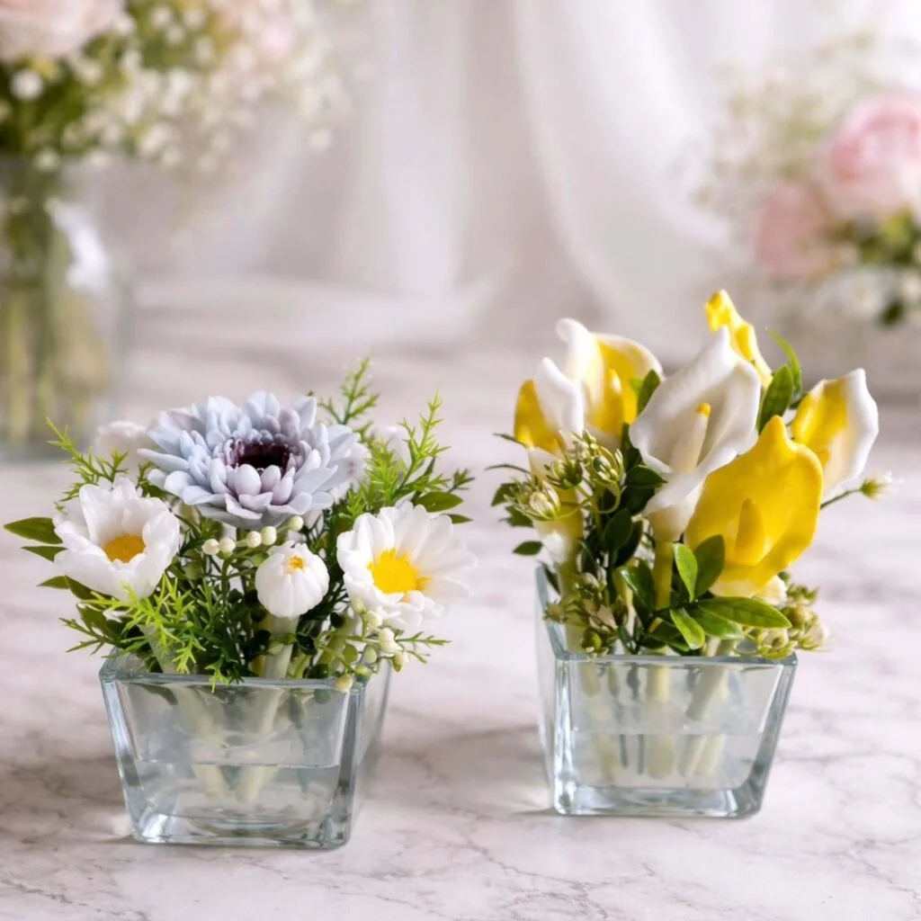 Spa, wellness e beauty Piccole composizioni con fiori di sapone profumati in contenitori di vetro per SPA, cabine e aree wellness