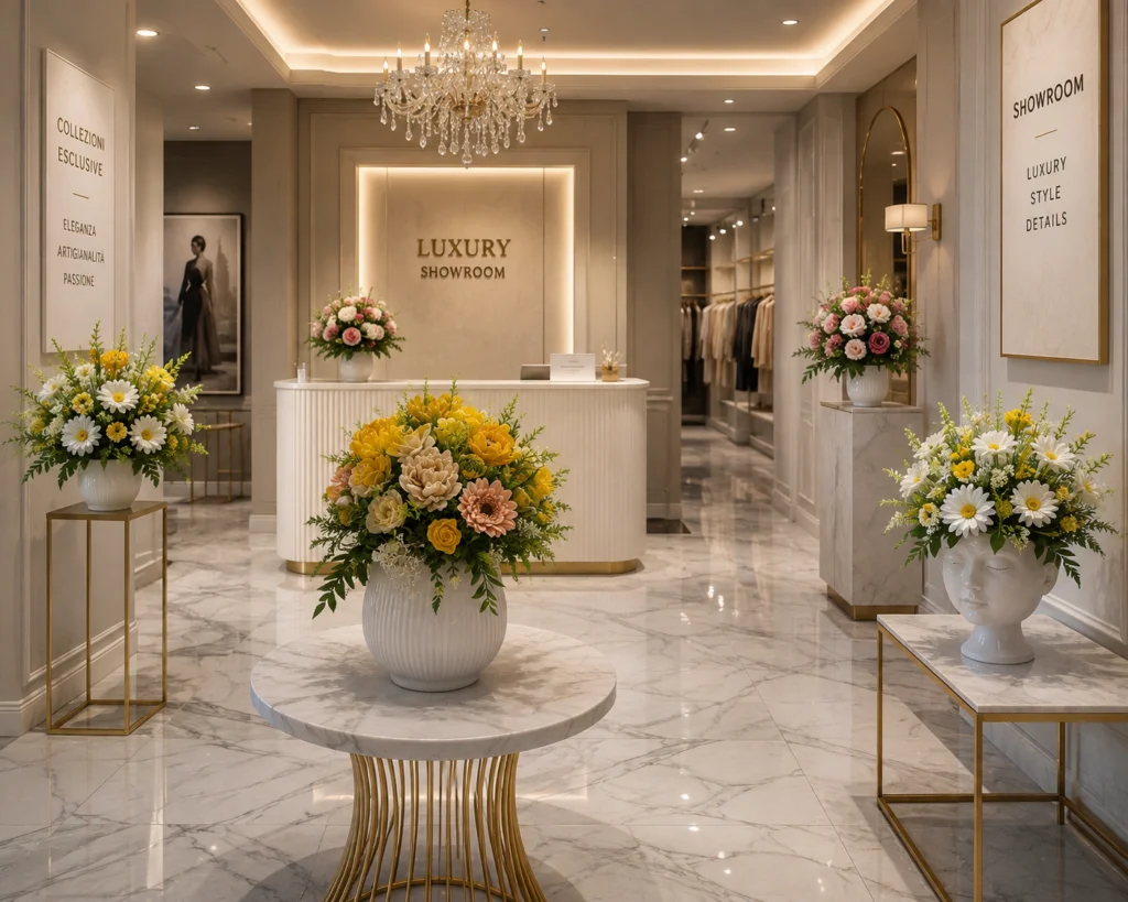 Maison, Boutique & Showroom Allestimento coordinato con composizioni di fiori di sapone profumati per showroom e presentazioni prodotto