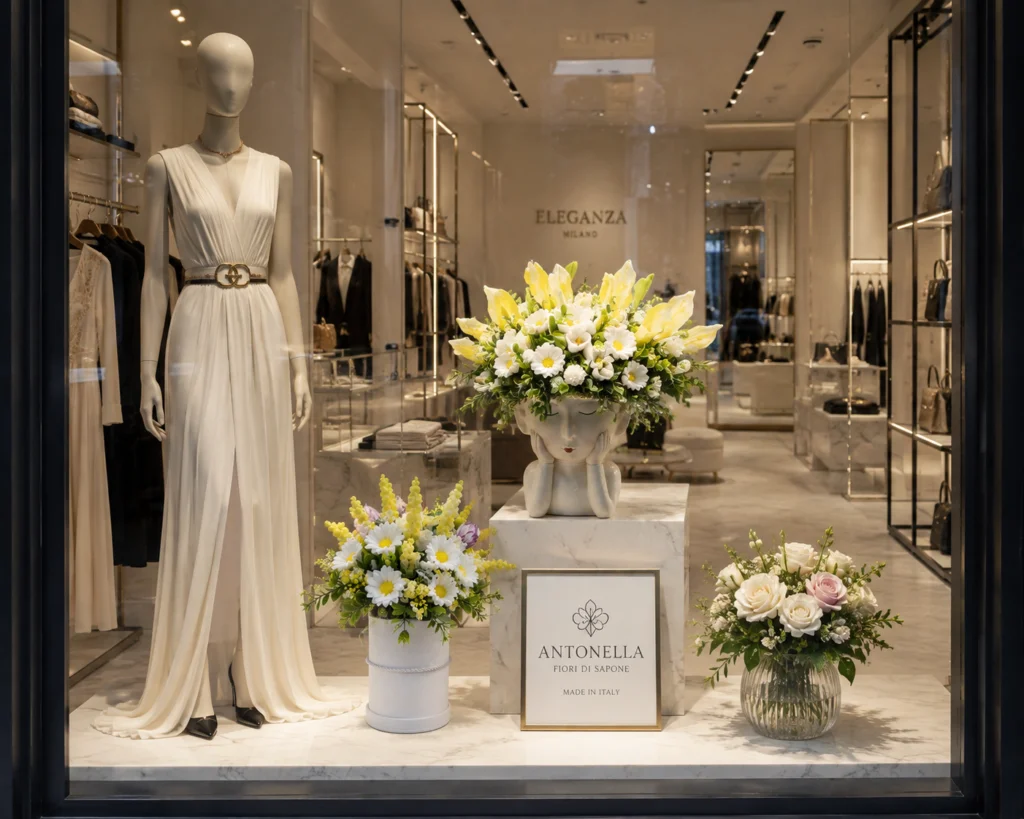 Composizioni floreali in fiori di sapone per boutique e showroom