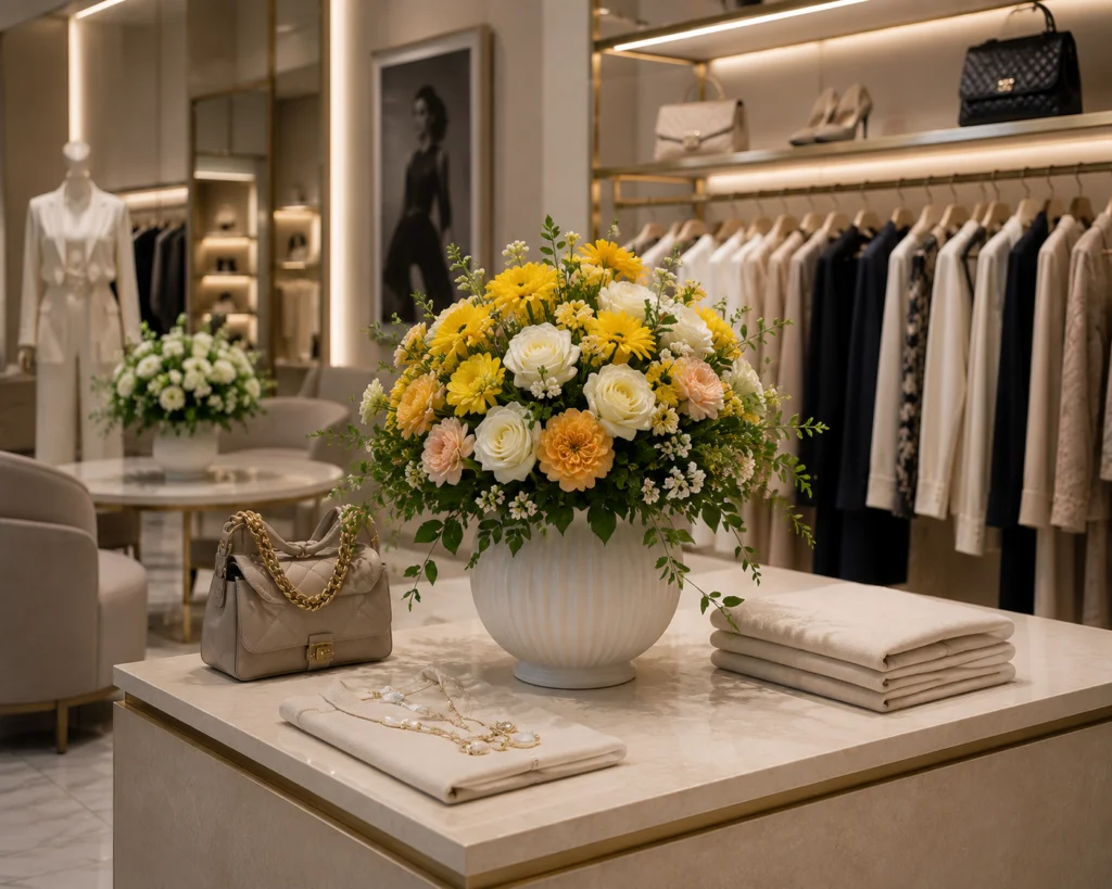 Maison, Boutique & Showroom Bouquet giallo e bianco con fiori di sapone profumati per tavoli espositivi e boutique premium