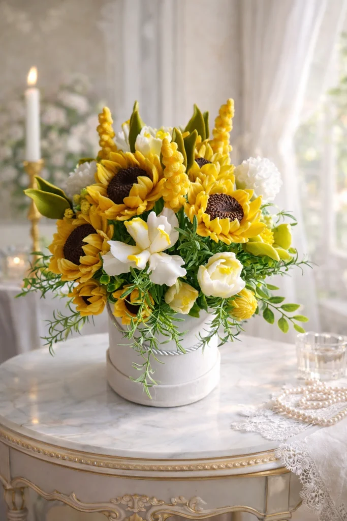 Bouquet di fiori di sapone con girasoli e fiori bianchi ADP Floreale