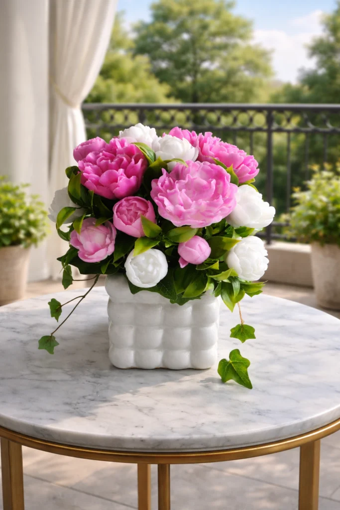 Composizione wedding con fiori di sapone rosa e bianchi